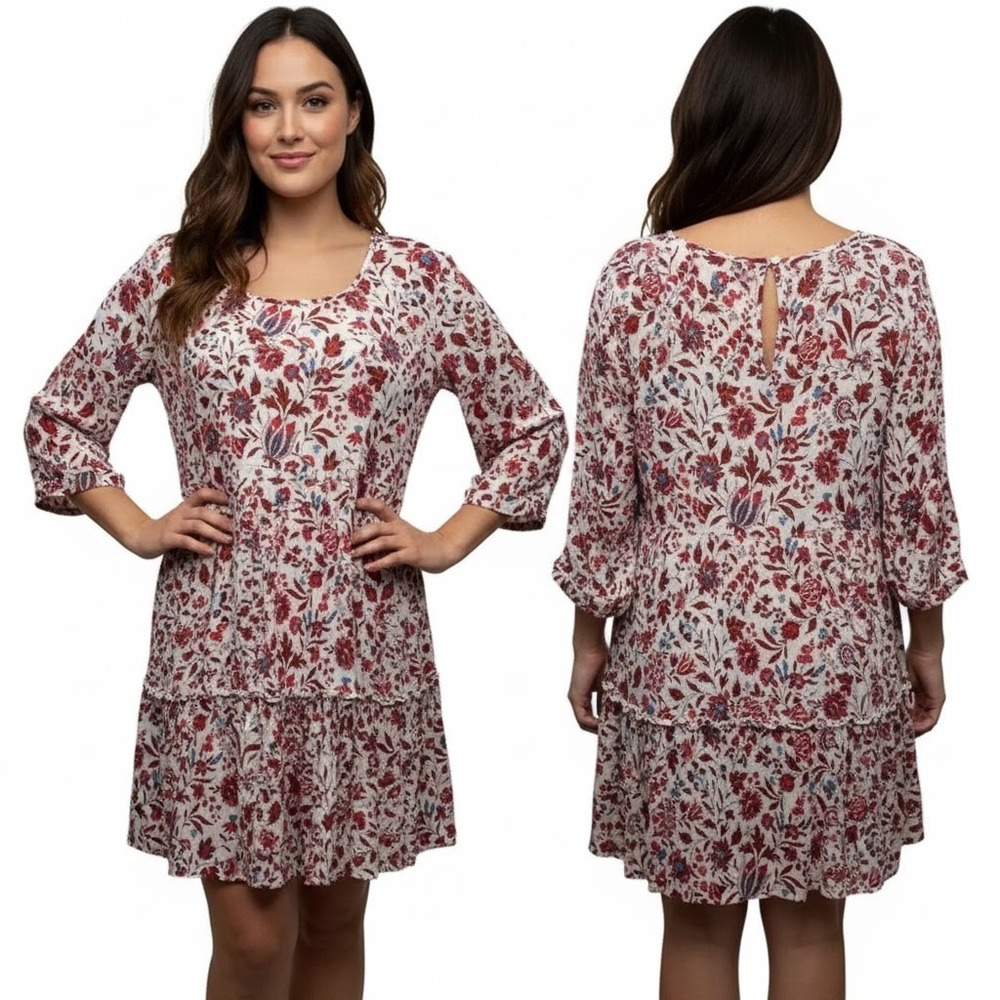 Dear John Large Tiered Dress Multicolor Floral Ruffle Keyhole Boho Flowy Casual